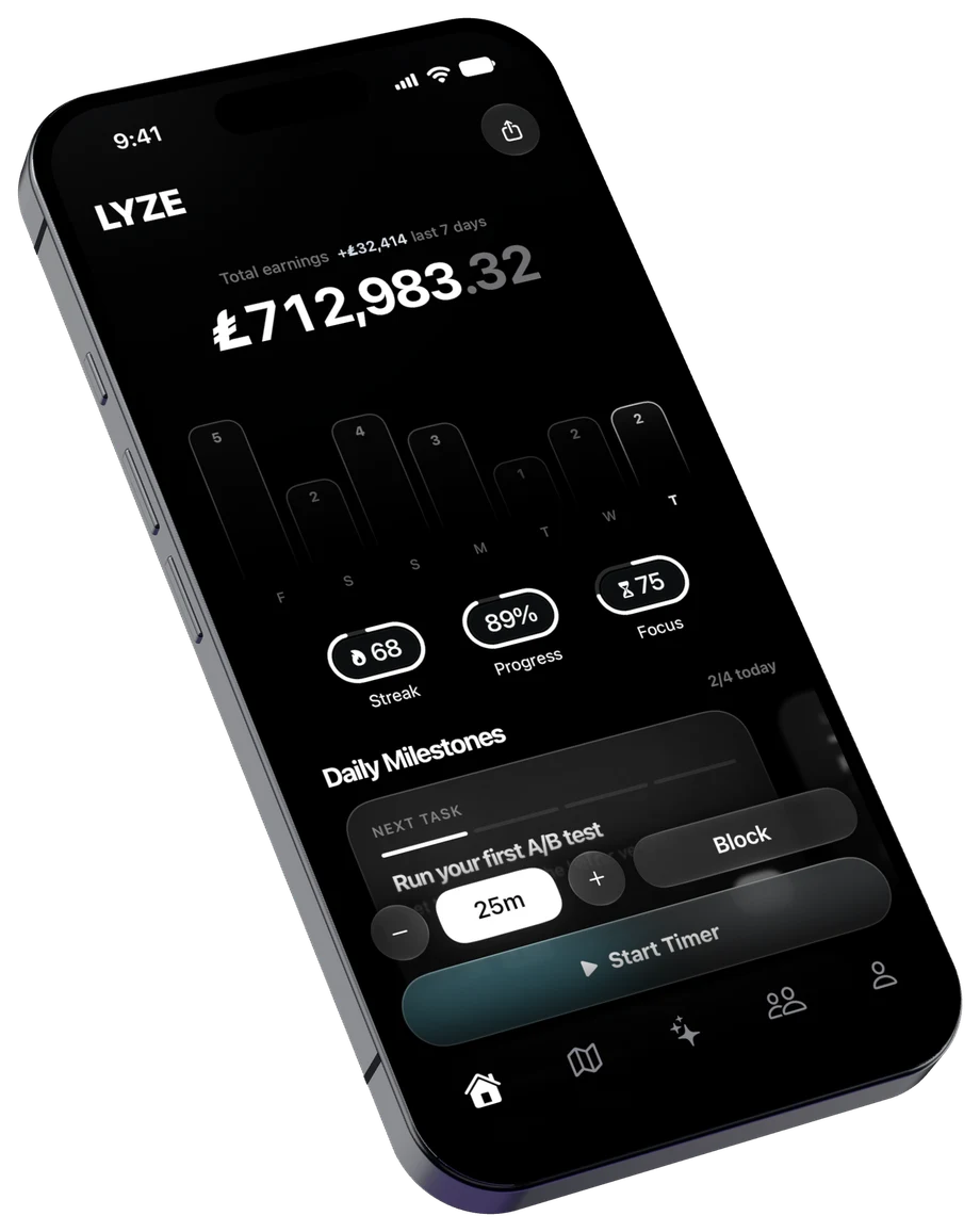 LYZE home screen with the Earnings balance (in-app points), weekly task chart, streak, progress and focus